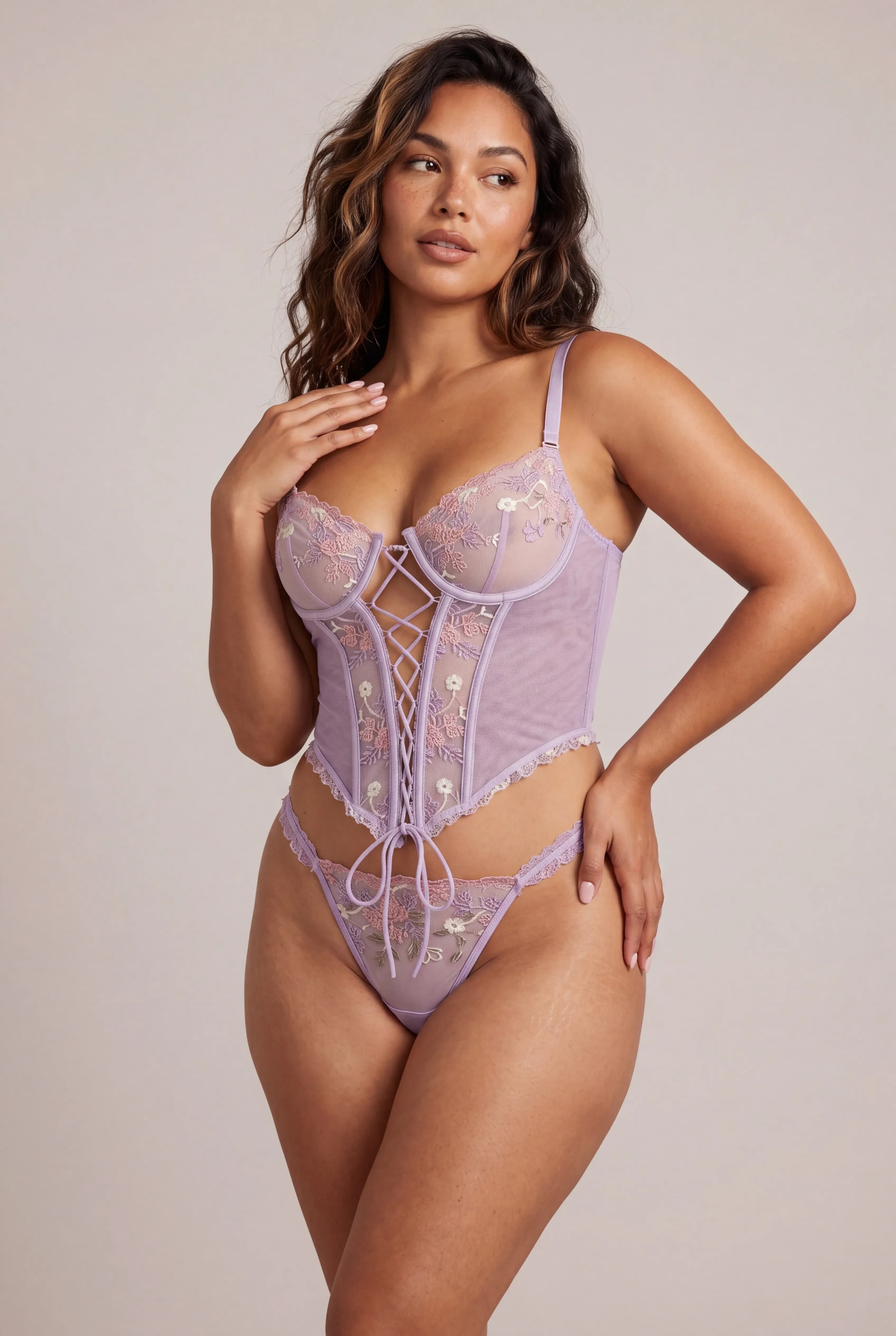 Ensemble Deux Pi Ces Corset Armatures String Assorti Lilas