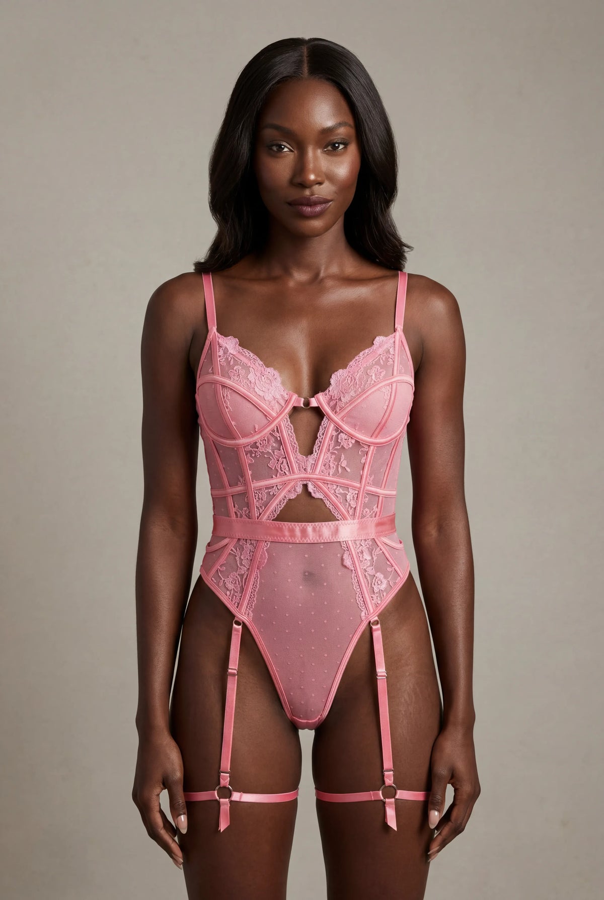 Lace bodysuit with thigh band - AUDACE Pink 
